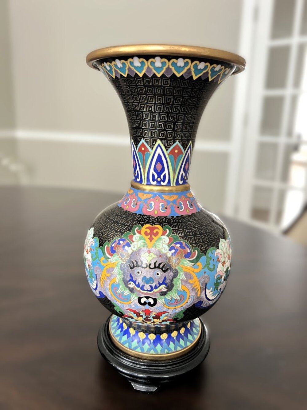 Vintage Mid-Century 10.25" Black Cloisonné Taotie Mask Archaistic Vase w/ Stand